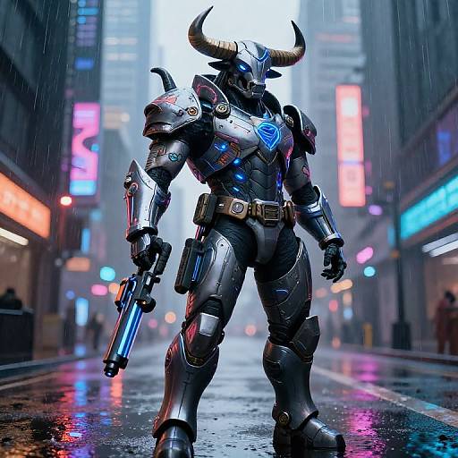 Digital art of a futuristic, armored minotaur with horns, holding a glowing blue gun, standing in a neon-lit, rainy city street.