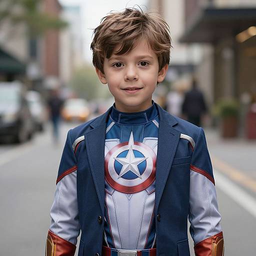 Photograph of a young boy with brown hair, wearing a Captain America costume, standing on a blurred urban street with buildings and cars in the background.