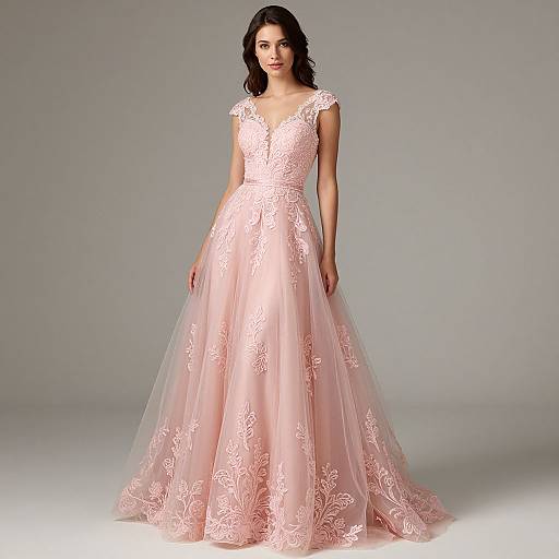 Photograph of a woman with dark hair in a pink, lace-embellished, full-length gown with a deep V-neck and cap sleeves,