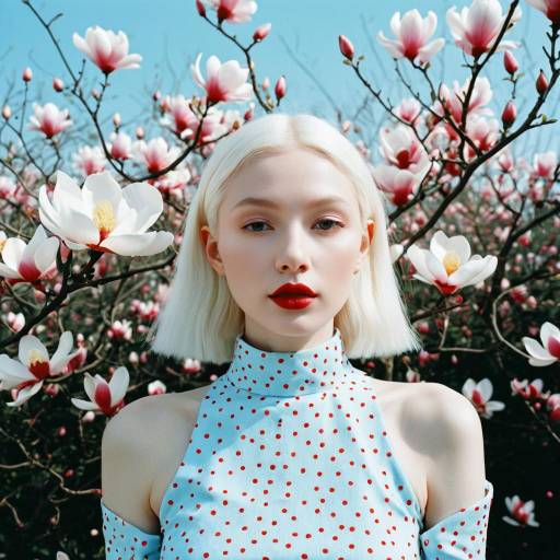 Albino Model with Magnolia Flowers Outdoors