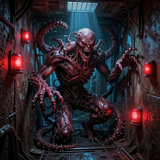 Digital art of a terrifying, muscular, alien creature with multiple tentacles and sharp teeth, illuminated by red lights in a dimly lit, industrial corridor