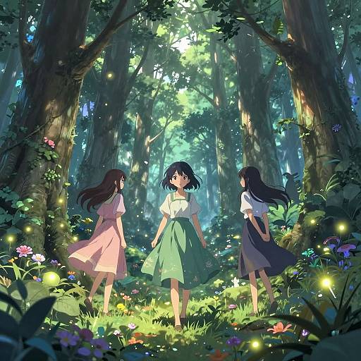 Anime-style illustration of three girls with dark hair in forest, surrounded by glowing fireflies, colorful flowers, and dappled sunlight.