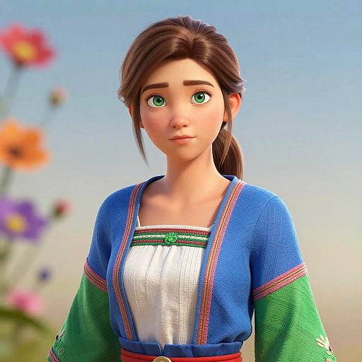 CGI image of a young woman with green eyes, brown hair in a ponytail, wearing a blue and green embroidered dress, standing in a bright