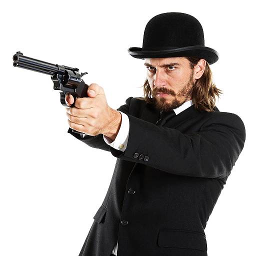 Man in Suit with Revolver Action Shot