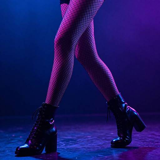 Photograph of legs in fishnet stockings and black high-heeled lace-up boots, illuminated by purple and blue stage lights.