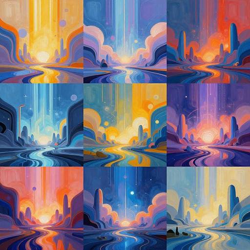 Digital art collage of nine vibrant abstract landscapes featuring cascading waterfalls, glowing suns, and colorful, flowing paths in hues of blue, orange,