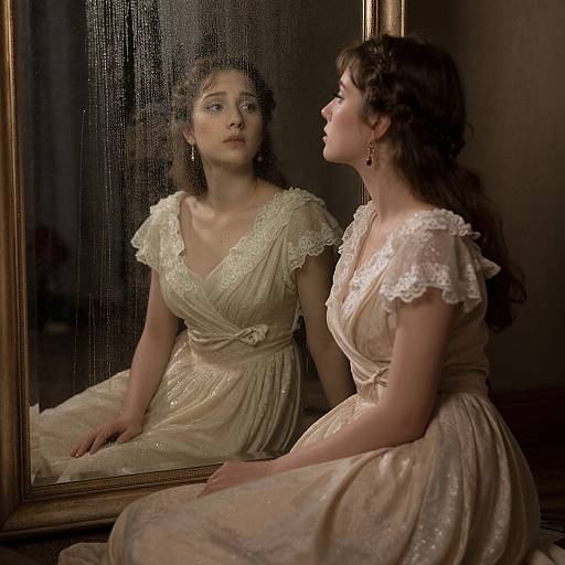 Photograph of a young woman with curly brown hair, wearing a cream-colored, lace-trimmed dress, sitting by a mirror, gazing at