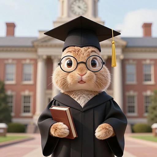 CGI image of a cute, bespectacled, orange tabby cat in a black graduation cap and gown, holding a book, in front