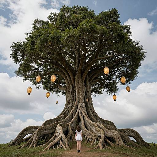 Photograph of a giant tree with sprawling roots, hanging lanterns, and a small, white-clad figure standing in front, under a cloudy sky