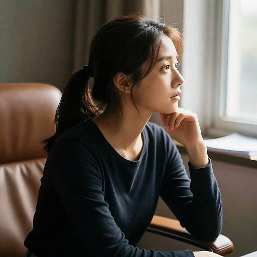 Contemplative Woman in Sunlit Room