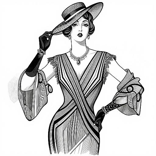 Black-and-white ink drawing of a confident, elegant woman in a 1920s-style dress, wide-brimmed hat, gloves, and necklace