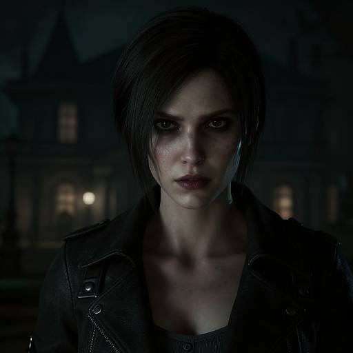Dark, atmospheric photograph of a serious, pale-skinned woman with short black hair, wearing a black leather jacket, against a blurred, night-time urban