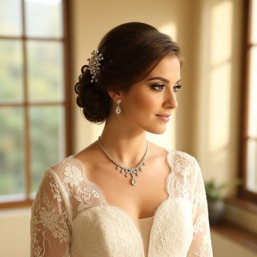 Photograph of a beautiful bride with dark hair in an elegant updo, wearing a lace wedding dress, diamond necklace, and earrings, smiling softly in