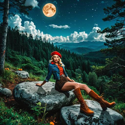 Woman in Autumn Outfit Sitting on Rock Under Full Moon