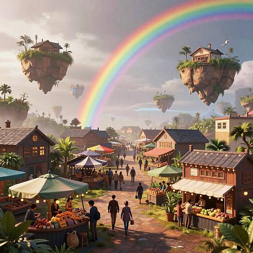 Whimsical market scene with floating houses, vibrant rainbow, colorful stalls, and lively crowd under a bright, sunny sky. Digital art style.