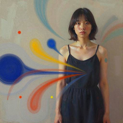 Photograph-style painting of an Asian woman with short black hair, wearing a black dress, against a light gray background with colorful, abstract swirls in