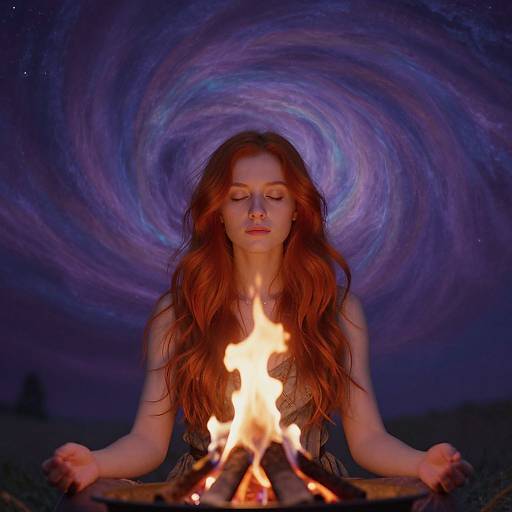 Photograph of a red-haired woman with long, wavy hair, sitting meditation-style before a small campfire, with a swirling, starry night
