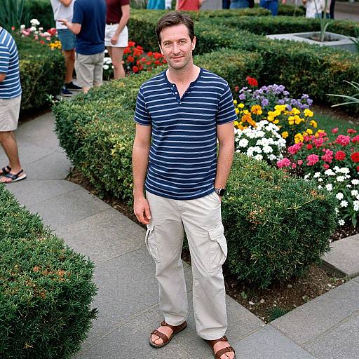 Photograph of a smiling man with short brown hair, wearing a navy blue striped shirt, white pants, and brown sandals, standing in a colorful garden