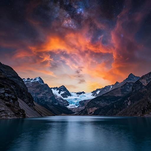 Photograph of a serene mountain lake at sunset, with vibrant orange and red clouds, snow-capped peaks, and calm reflective water.