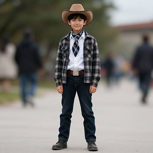 Photograph of a young Asian boy in a cowboy hat, plaid shirt, white shirt, black tie, jeans, and brown belt, standing confidently
