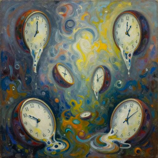 Abstract painting of six floating clock faces with black hands and numbers, set in a swirling, colorful, dreamy background of blues, yellows, and