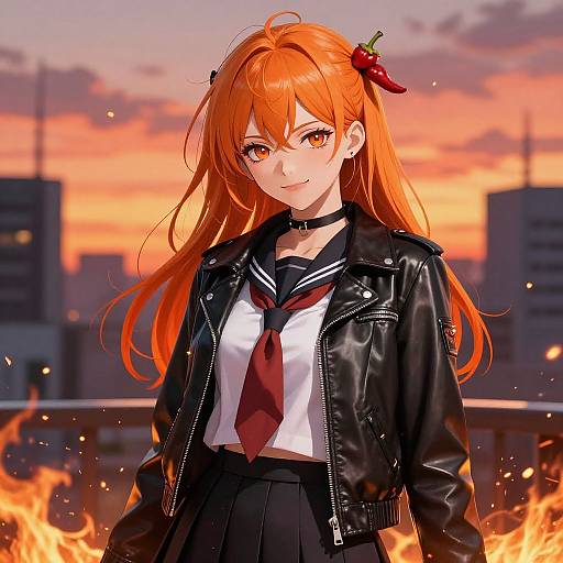 Anime-style digital drawing of a smiling, orange-haired girl with red hairpins, wearing a black leather jacket, white shirt, red tie, and black