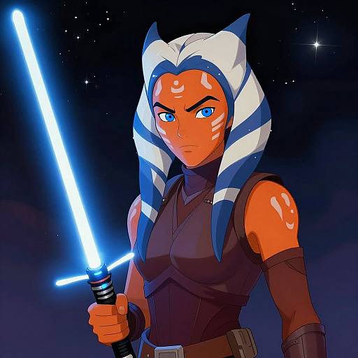 Digital art of a fierce, orange-skinned Twi'lek warrior with blue eyes, white and blue head-tails, holding a glowing blue lights