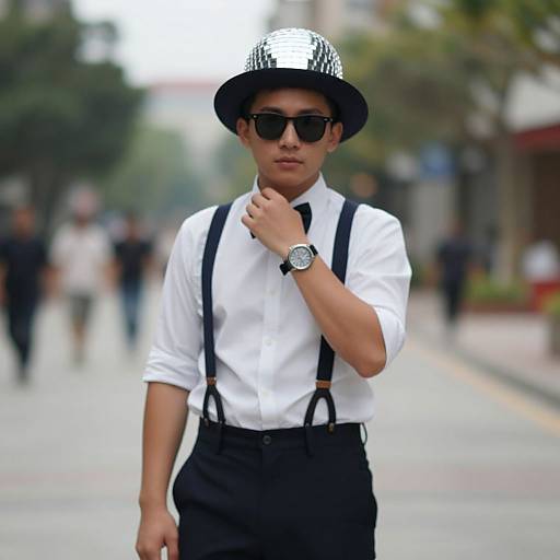 Photograph of a young Asian man in white shirt, black suspenders, black bow tie, black hat, sunglasses, and watch, walking on a