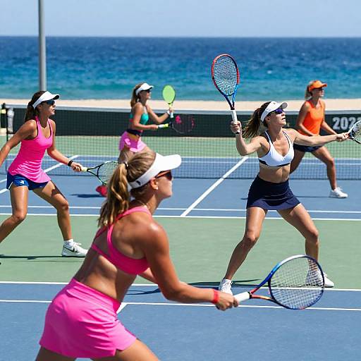 Photograph of four women playing tennis on a blue court by the ocean, wearing bright pink, white, and navy athletic outfits, hitting a yellow ball