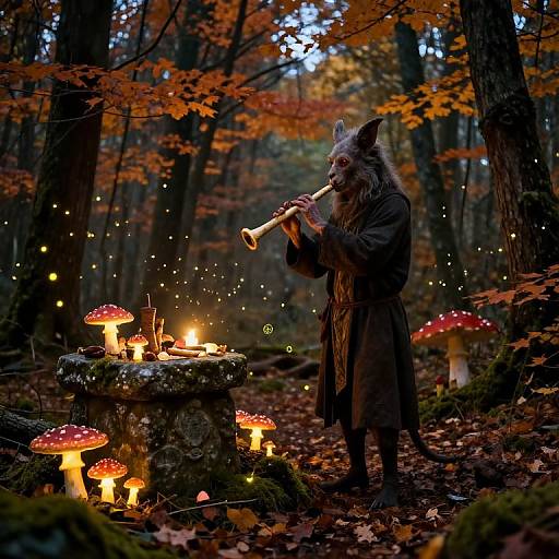 Photograph of a werewolf in a dark coat playing a flute beside a glowing, mushroom-lit stone table in an autumn forest.