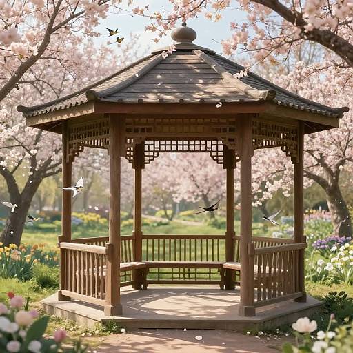 Photorealistic image of a wooden gazebo with intricate lattice design, surrounded by blooming cherry blossoms, green grass, and colorful flowers, bath