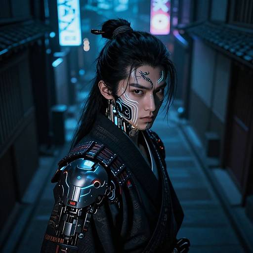 Digital art of a cyberpunk woman with black hair in a bun, futuristic armor, glowing facial markings, in a blue-lit alley.