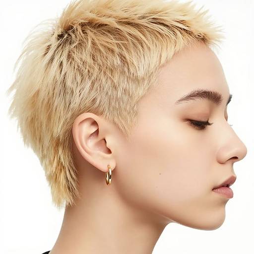 Close-up photograph of a young woman with short, platinum blonde, spiky hair, gold hoop earrings, and closed eyes, profile view against a white