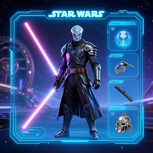 Digital artwork of a Star Wars character in black armor, holding a glowing blue lightsaber, surrounded by holographic inventory items. Space background with neon light