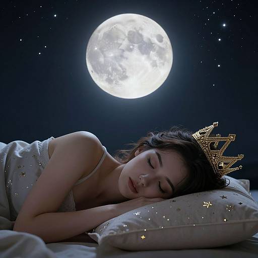 Photograph of a sleeping woman with a golden crown, under a starry night sky with a bright full moon, lying on a starry pillow in