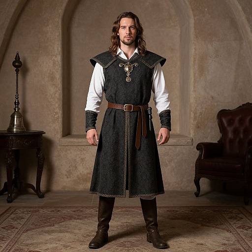 Photograph of a man with long brown hair, beard, wearing a medieval-style black tunic, white shirt, brown belt, and boots, standing