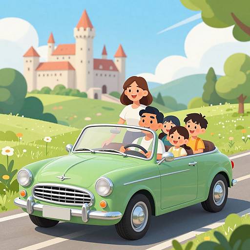 Cartoon-style image of a green vintage convertible with a smiling woman driving, three children in the backseat, passing a castle in a sunny, green