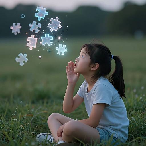 Photograph of a young girl with pigtails, wearing a white shirt and denim shorts, sitting in a grassy field, blowing floating puzzle pieces