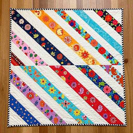 Vibrant patchwork quilt with diagonal floral stripes in red, blue, orange, and purple on white background, bordered by black and white zigzag
