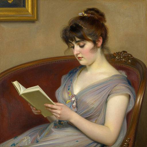 Realistic painting of a fair-skinned woman with dark hair in an updo, wearing a sheer, blue-tinged dress, reading a book