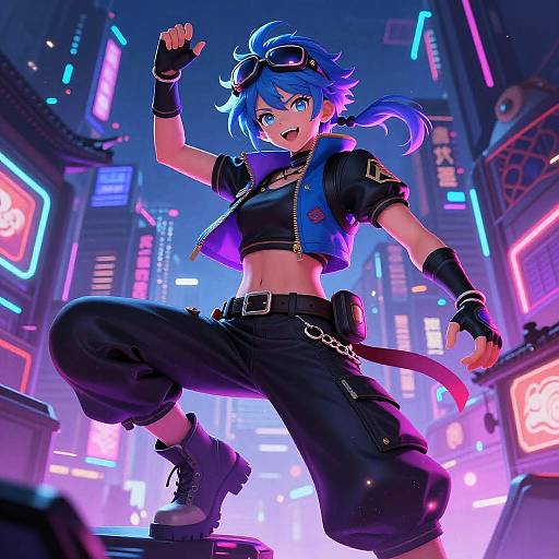 Cyberpunk anime girl with blue hair, goggles, black crop top, and pants, confidently poses in a neon-lit city street. Digital art