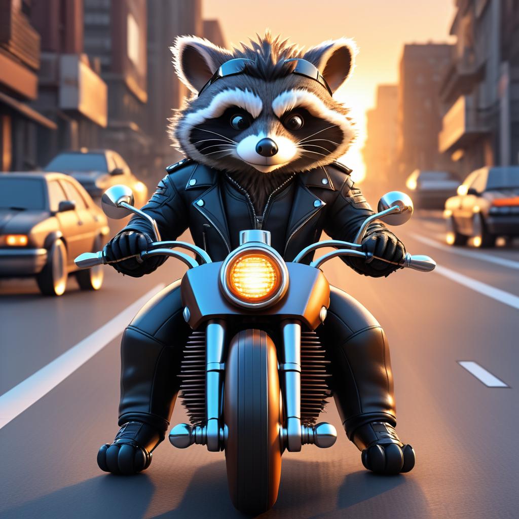 Biker Raccoon on a Harley at Sunset