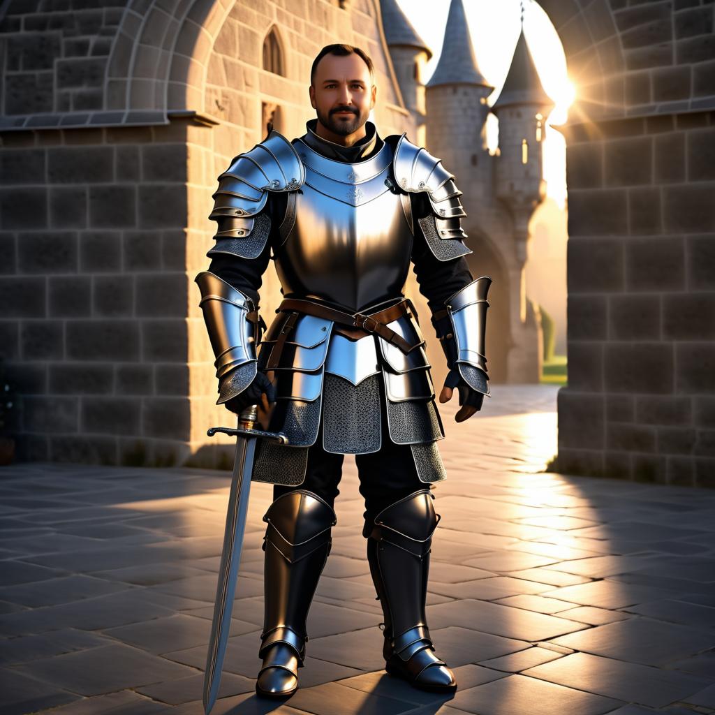 Medieval Knight in Moonlit Castle Courtyard