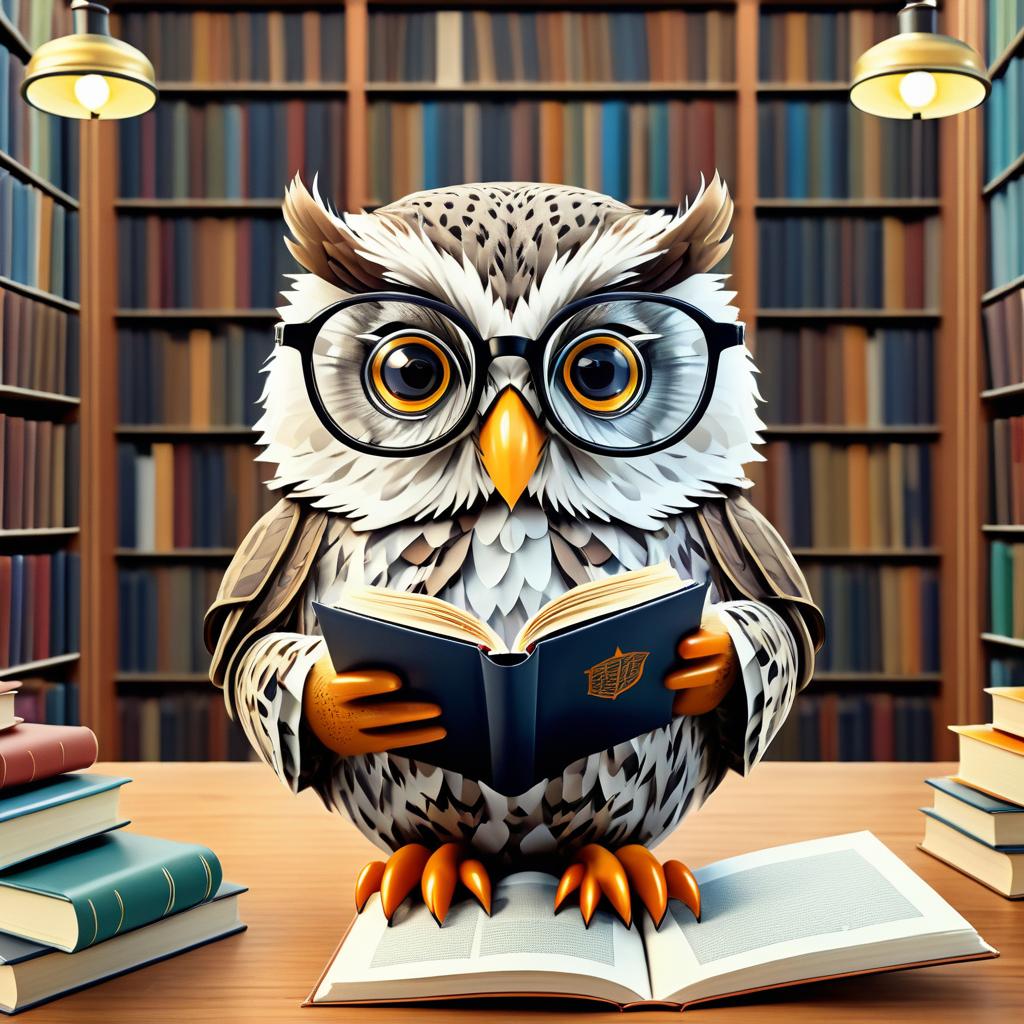 Whimsical Owl in Library Reading Book