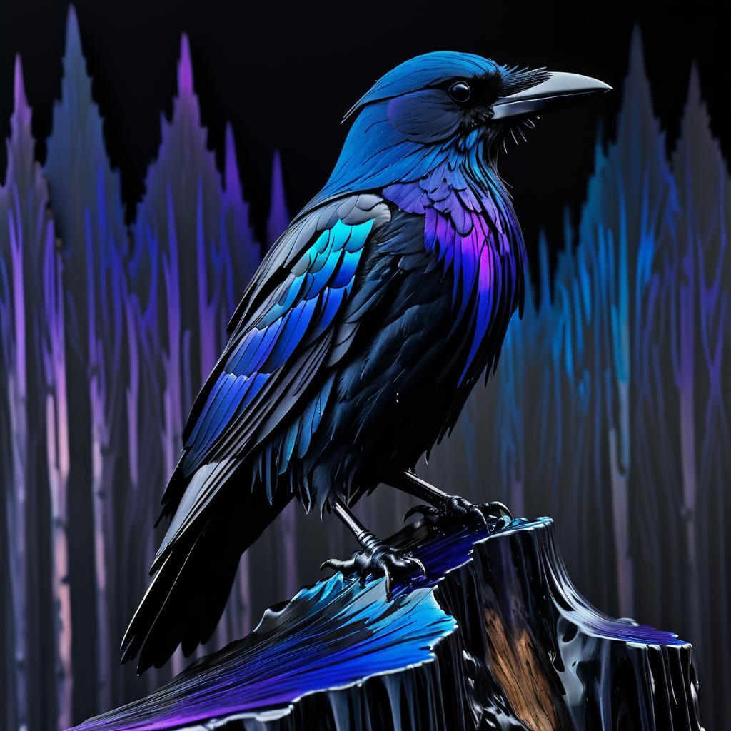 Iridescent Crow on Jagged Stump Close-Up