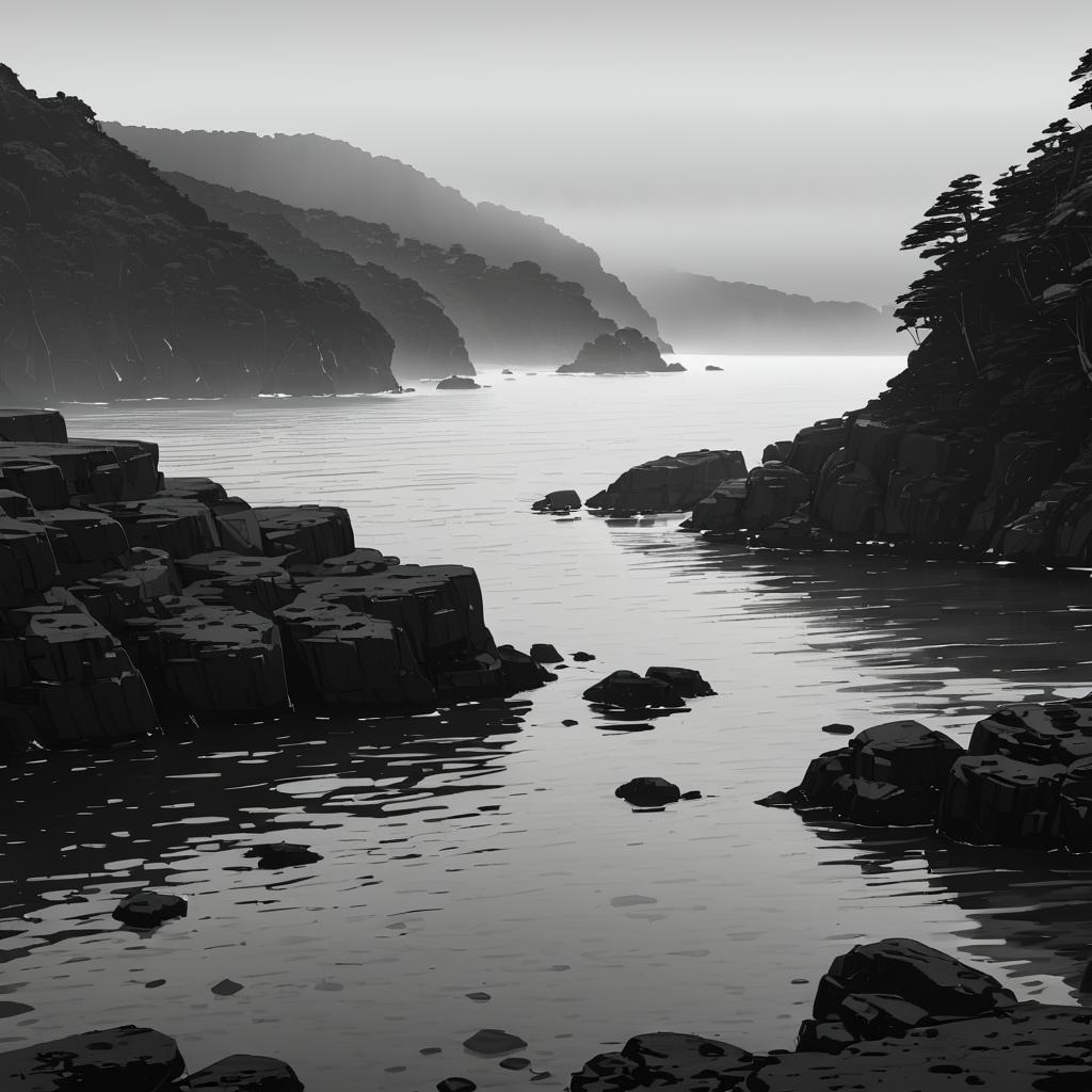 Foggy Rocky Shores at Tranquil Bay