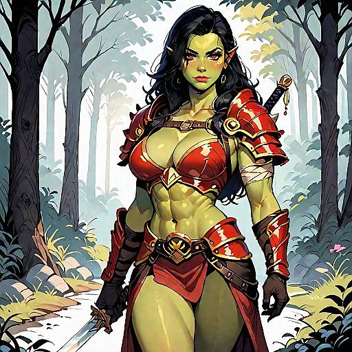 Red-Armored Orc Woman in Night Forest