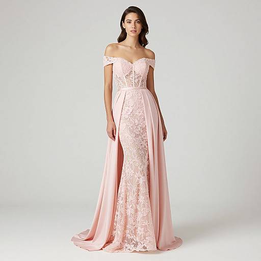 Elegant Woman in Pink Lace Prom Dress