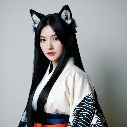 Woman in Traditional Japanese Kimono with Wolf Ears
