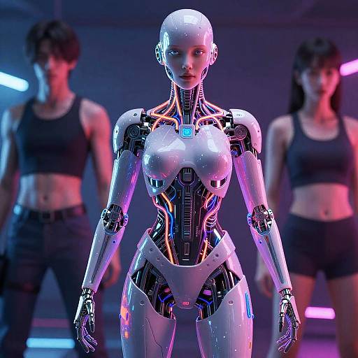Photorealistic CGI of a futuristic, white, female android with glowing blue circuitry, standing between two athletic women in black sports bras and shorts,